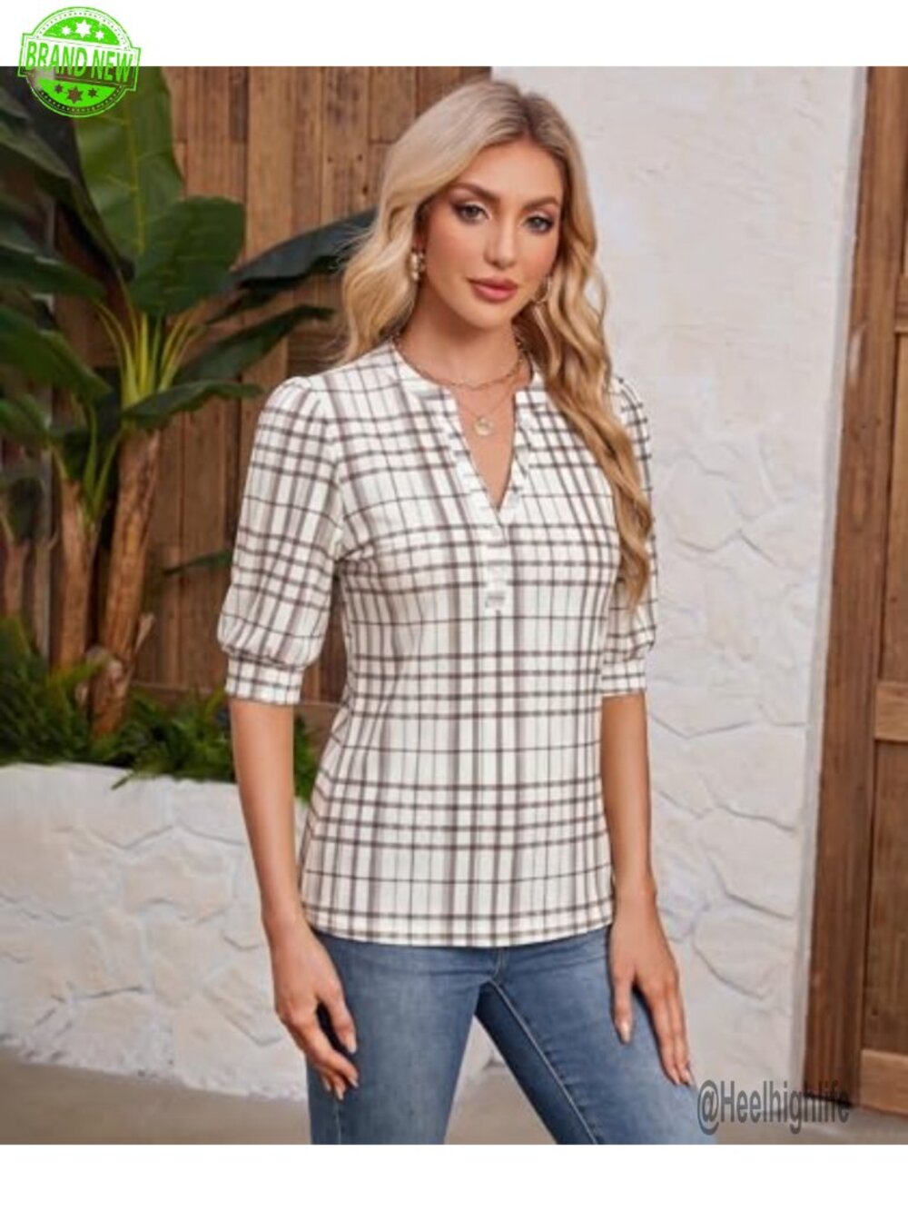 Women's V-Neck Puff Sleeve Blouse Henley Tunic Dressy Casual Knit Top - Picture 3 of 5